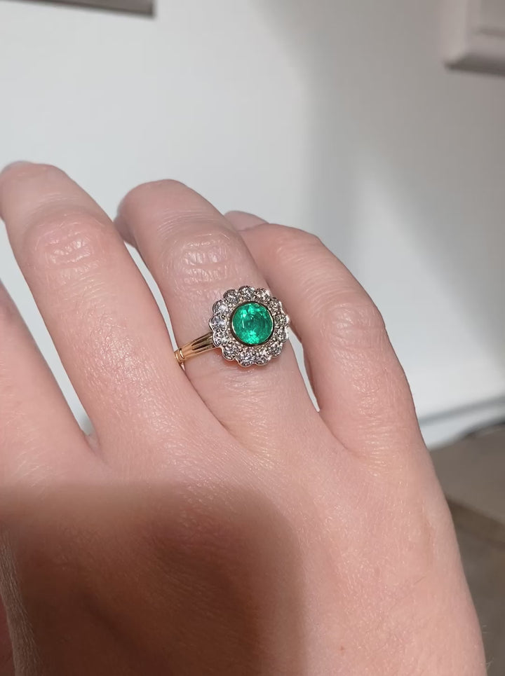 Edwardian Style 1.07 Carat Emerald and Diamond Cluster