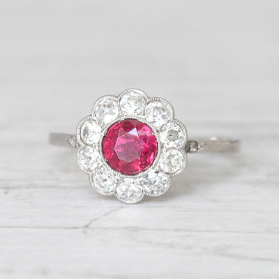 Art Deco 1 Carat Ruby and Old Cut Diamond Daisy Cluster Ring