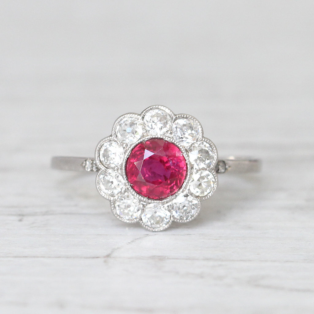 Art Deco 1 Carat Ruby and Old Cut Diamond Daisy Cluster Ring