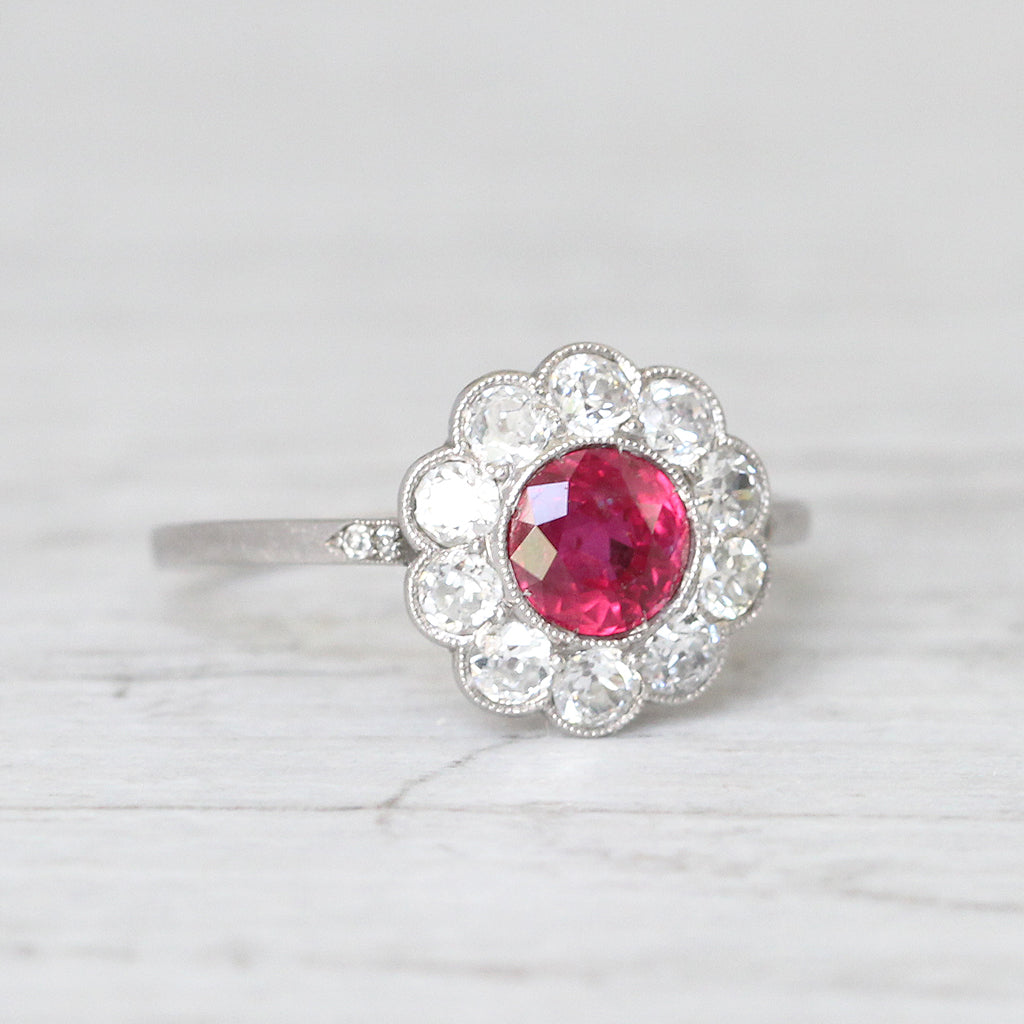 Art Deco 1 Carat Ruby and Old Cut Diamond Daisy Cluster Ring