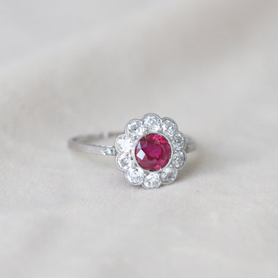 Art Deco 1 Carat Ruby and Old Cut Diamond Daisy Cluster Ring