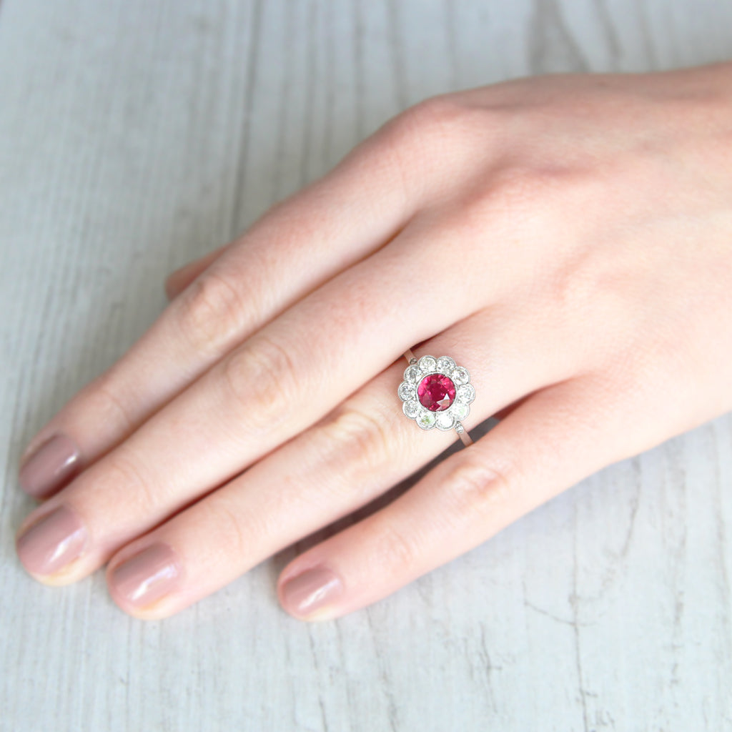 Art Deco 1 Carat Ruby and Old Cut Diamond Daisy Cluster Ring