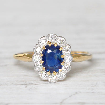 Edwardian 0.90 Carat Sapphire and Old Cut Diamond Cluster Ring