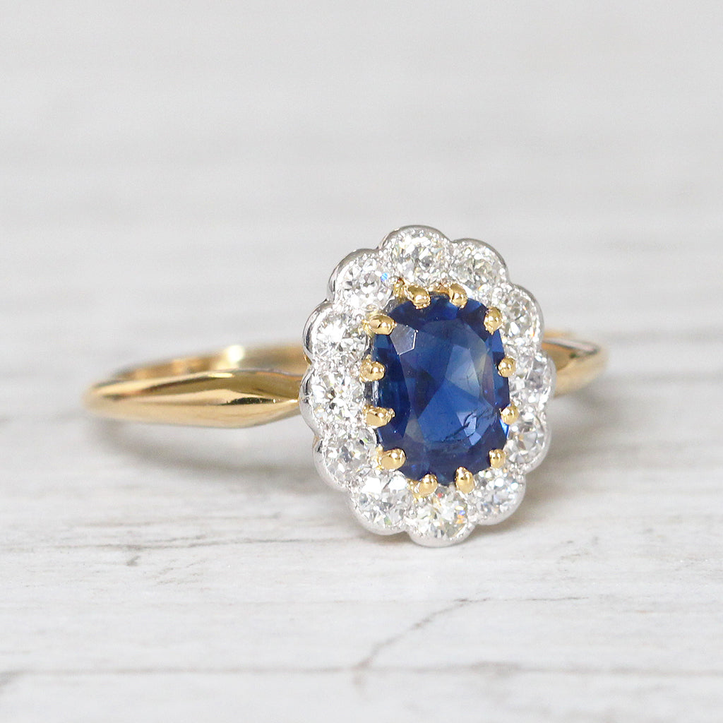 Edwardian 0.90 Carat Sapphire and Old Cut Diamond Cluster Ring