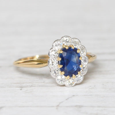 Edwardian 0.90 Carat Sapphire and Old Cut Diamond Cluster Ring