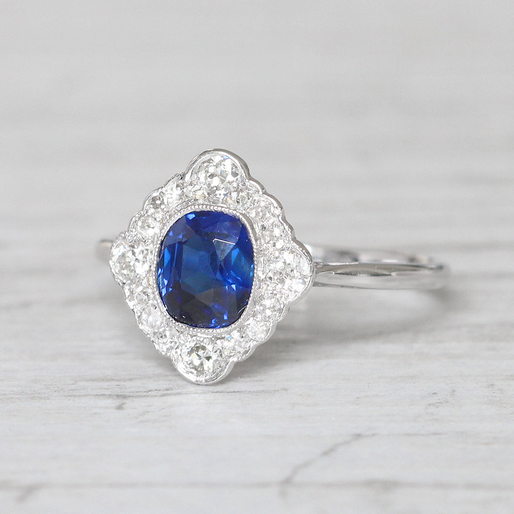 Art Deco 0.83 Carat Sapphire and Old Cut Diamond Cluster Ring