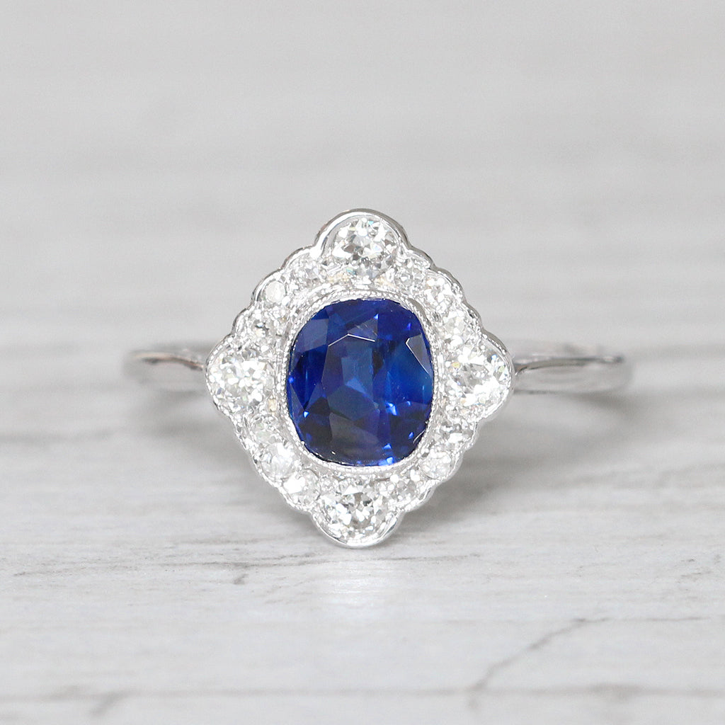 Art Deco 0.83 Carat Sapphire and Old Cut Diamond Cluster Ring