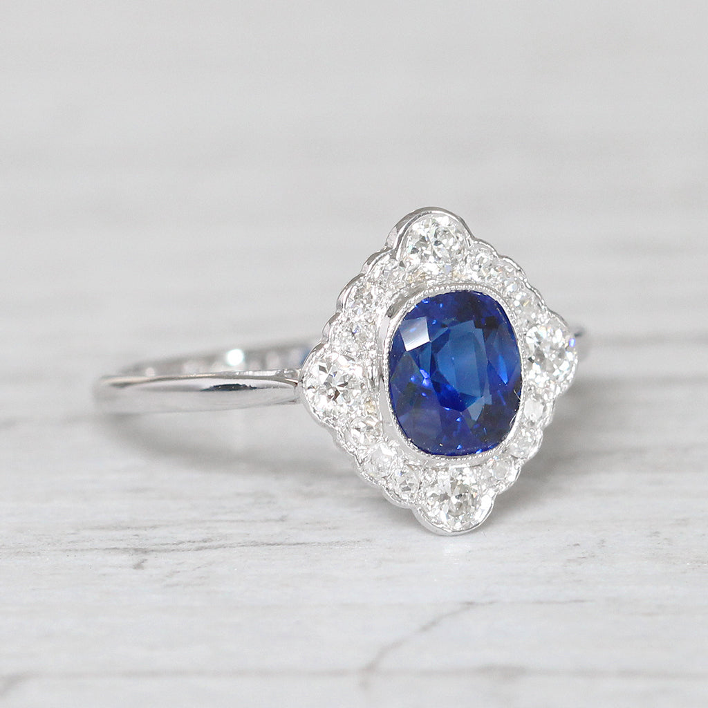 Art Deco 0.83 Carat Sapphire and Old Cut Diamond Cluster Ring