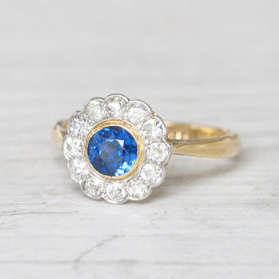 Edwardian 0.60 Carat Sapphire and Old Cut Diamond Cluster Ring