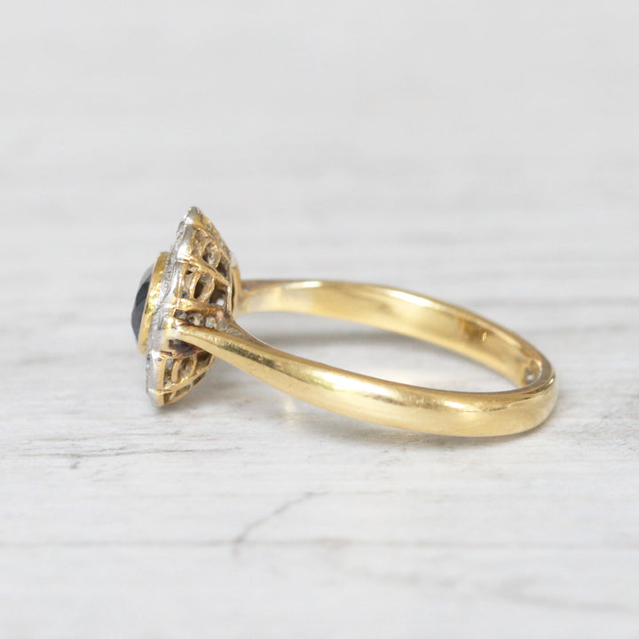 Edwardian 0.60 Carat Sapphire and Old Cut Diamond Cluster Ring