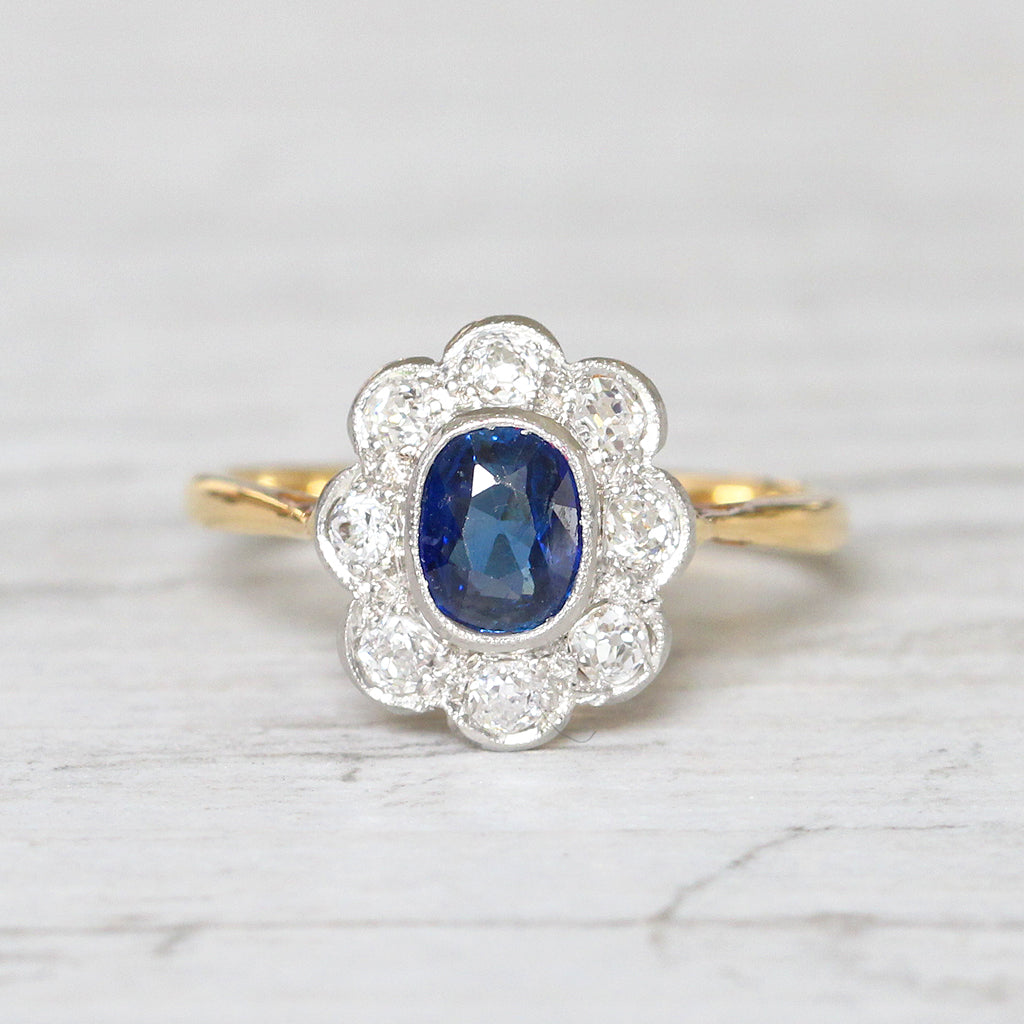 Edwardian 0.63 Carat Sapphire and Old Cut Diamond Cluster Ring