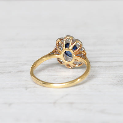 Edwardian 0.63 Carat Sapphire and Old Cut Diamond Cluster Ring