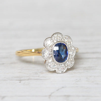 Edwardian 0.63 Carat Sapphire and Old Cut Diamond Cluster Ring