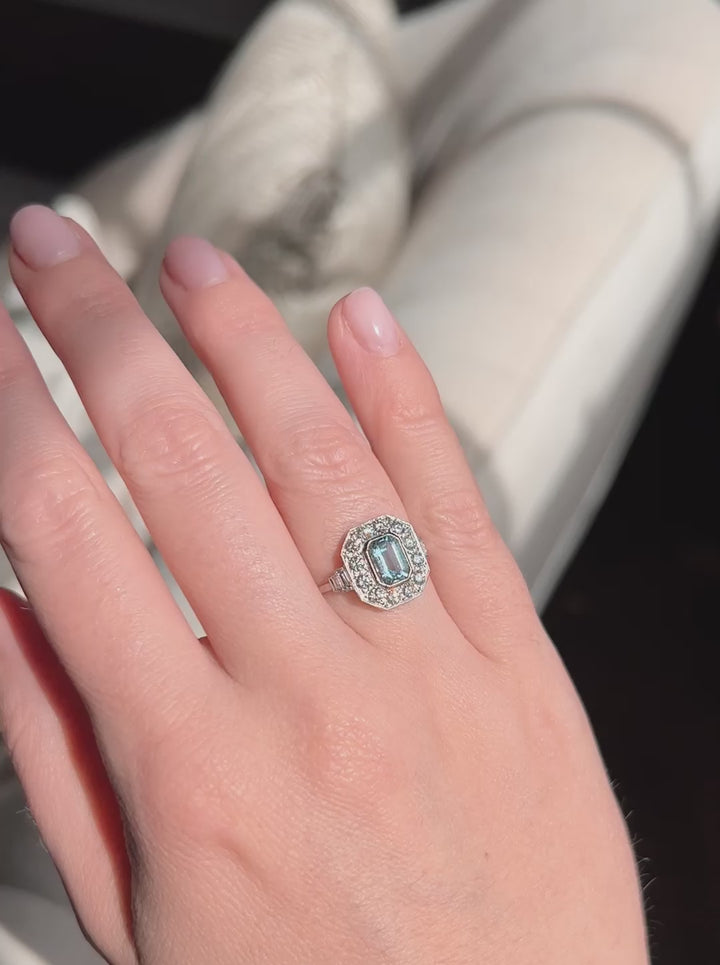 Art Deco Style 1 Carat Aquamarine and Diamond Cluster