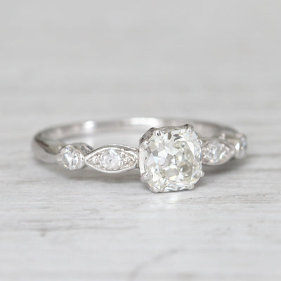 Art Deco 0.91 Carat Old Cushion Cut Diamond Solitaire