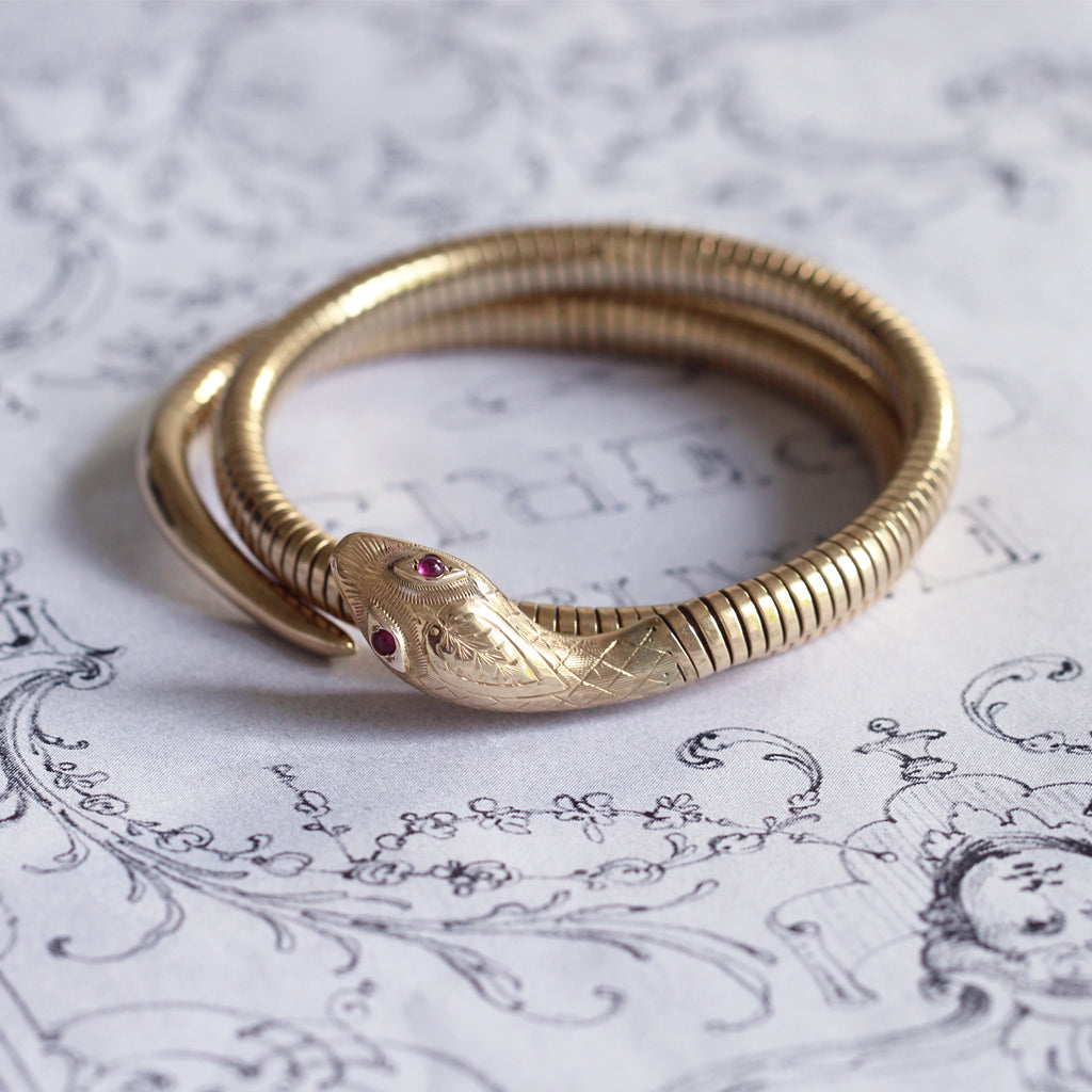 Vintage 9ct Gold Snake Bangle with Ruby Eyes