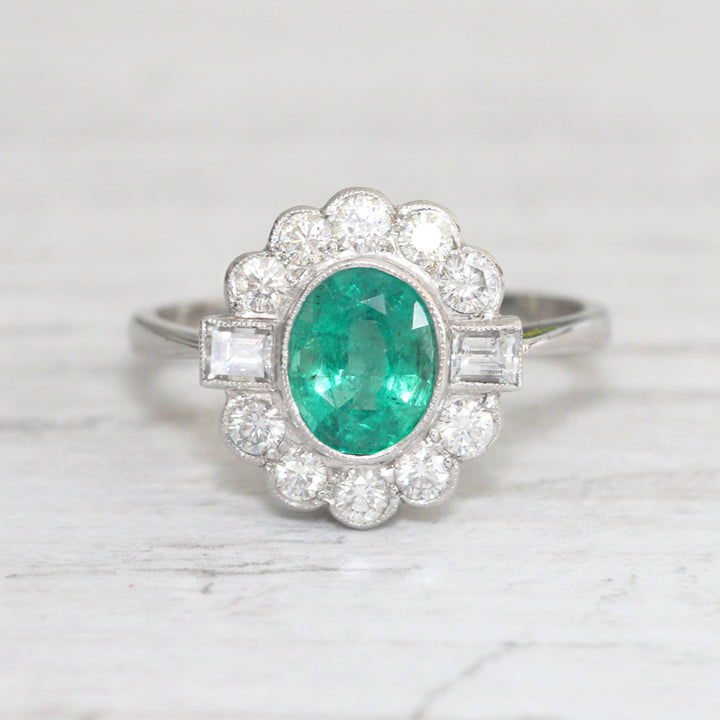 Art Deco Style 1.28 Carat Emerald and Diamond Cluster Ring
