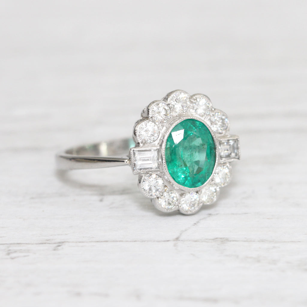 Art Deco Style 1.28 Carat Emerald and Diamond Cluster Ring