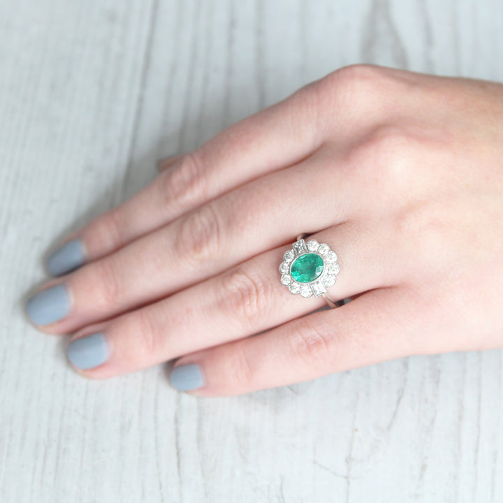 Art Deco Style 1.28 Carat Emerald and Diamond Cluster Ring