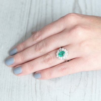 Art Deco Style 1.28 Carat Emerald and Diamond Cluster Ring
