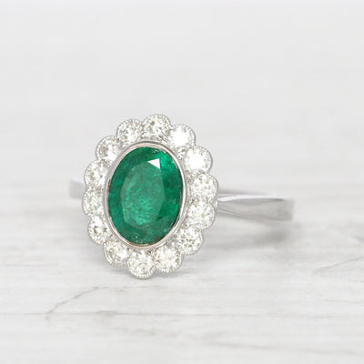 Vintage Style 1.67 Carat Emerald and Diamond Oval Cluster