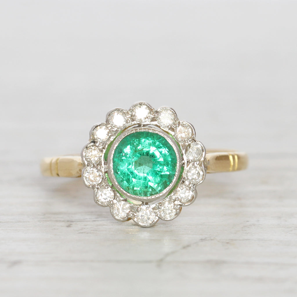 Edwardian Style 0.80 Carat Emerald and Diamond Cluster
