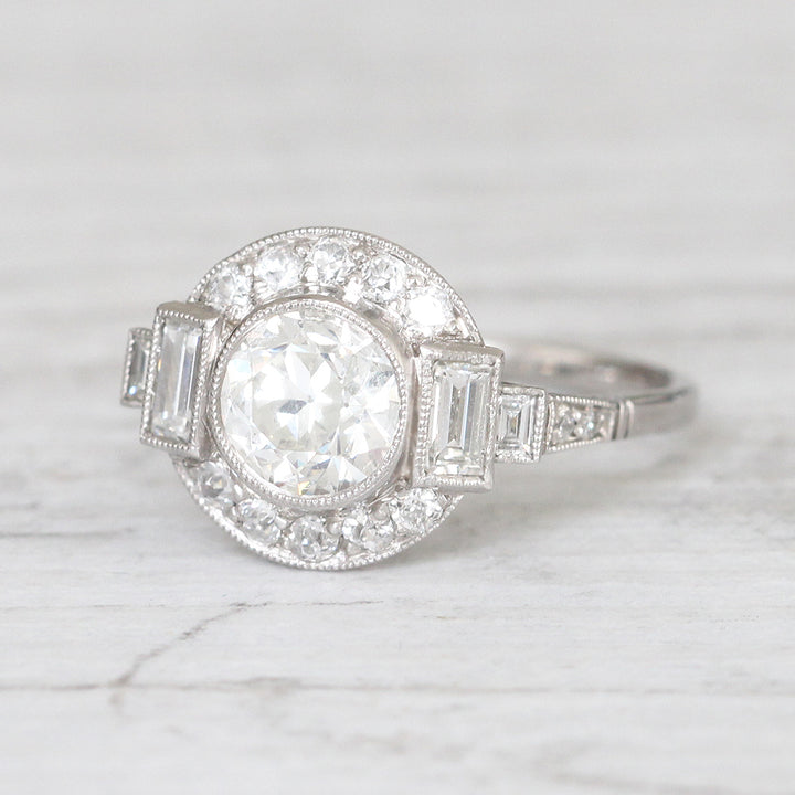 Art Deco Style 1.36 Carat Old European Cut Diamond Halo Cluster Ring