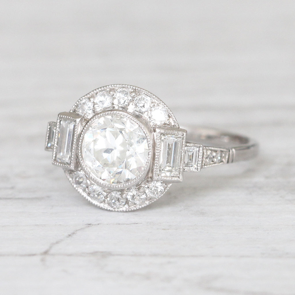 Art Deco Style 1.36 Carat Old European Cut Diamond Halo Cluster Ring