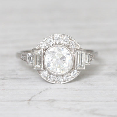 Art Deco Style 1.36 Carat Old European Cut Diamond Halo Cluster Ring