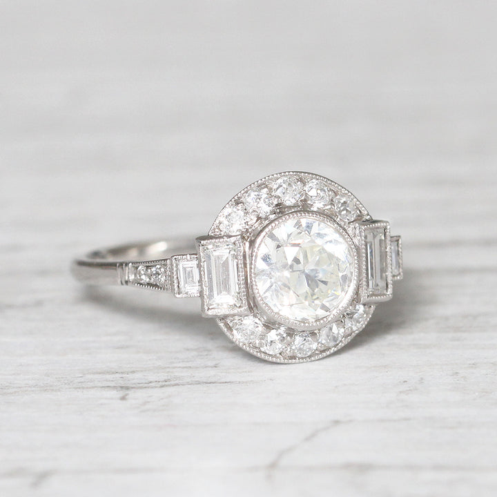 Art Deco Style 1.36 Carat Old European Cut Diamond Halo Cluster Ring