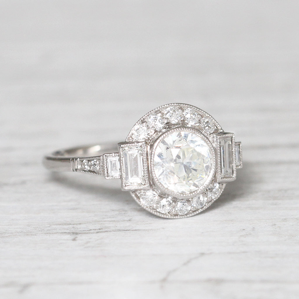 Art Deco Style 1.36 Carat Old European Cut Diamond Halo Cluster Ring