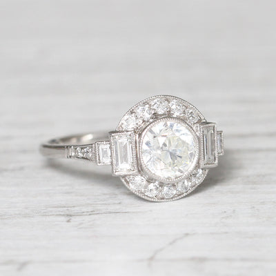 Art Deco Style 1.36 Carat Old European Cut Diamond Halo Cluster Ring