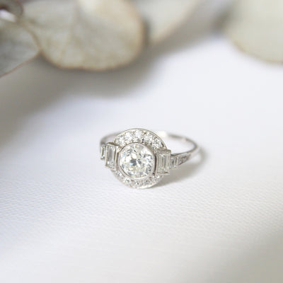 Art Deco Style 1.36 Carat Old European Cut Diamond Halo Cluster Ring