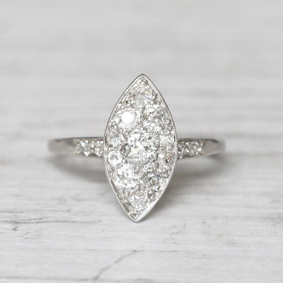 Art Deco 0.66 Carat Old Mine Cut Diamond Marquise Shape Cluster Ring