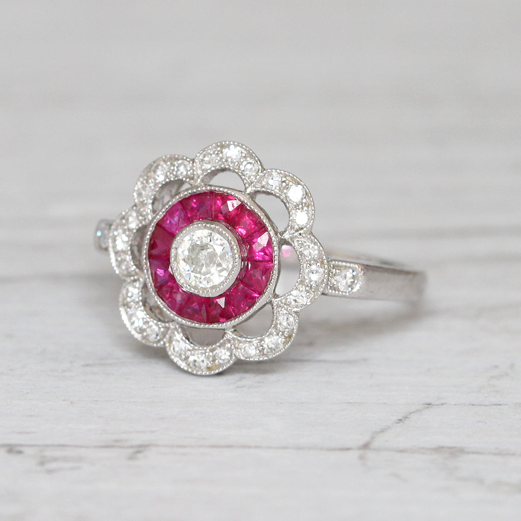Art Deco Style Old Cut Diamond and French Cut Ruby Target Cluster