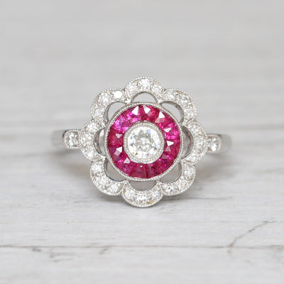 Art Deco Style Old Cut Diamond and French Cut Ruby Target Cluster