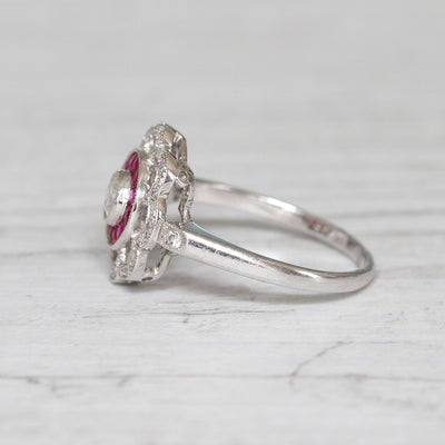 Art Deco Style Old Cut Diamond and French Cut Ruby Target Cluster