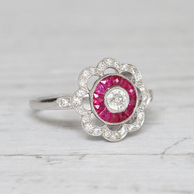 Art Deco Style Old Cut Diamond and French Cut Ruby Target Cluster