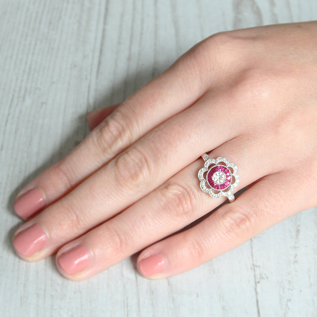 Art Deco Style Old Cut Diamond and French Cut Ruby Target Cluster