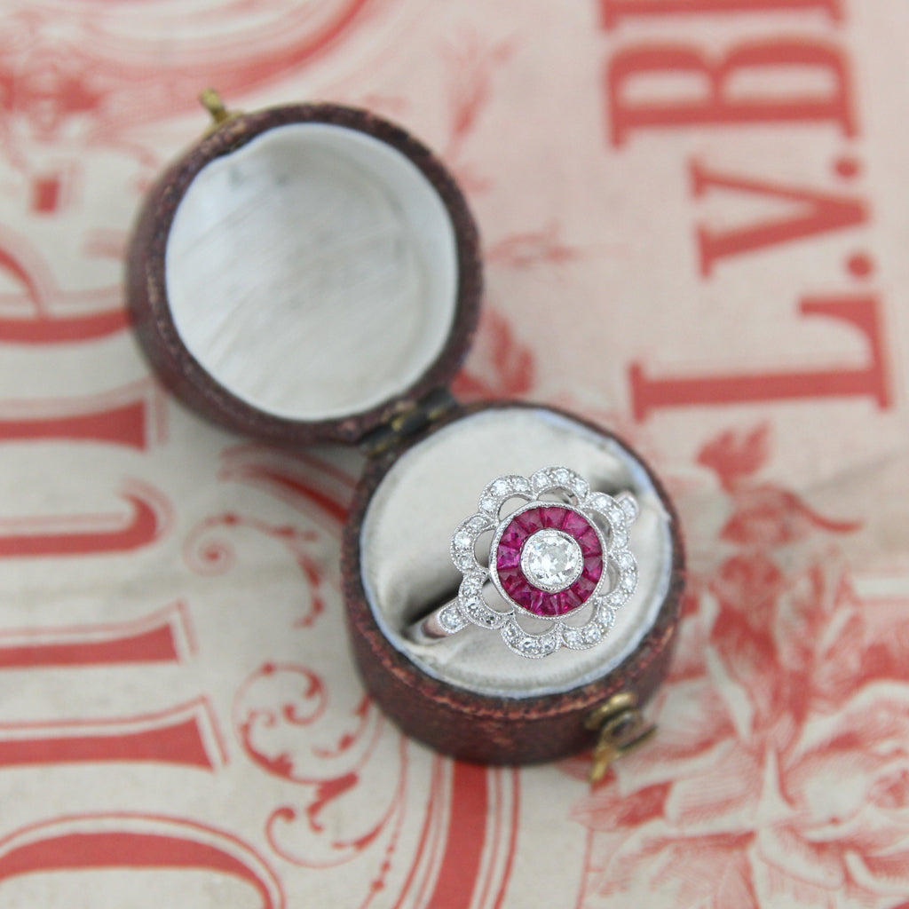 Art Deco Style Old Cut Diamond and French Cut Ruby Target Cluster