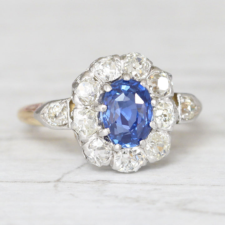 Victorian 1.79 Carat Ceylon Sapphire and Old Cut Diamond Cluster