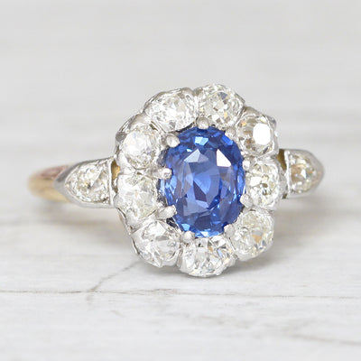 Victorian 1.79 Carat Ceylon Sapphire and Old Cut Diamond Cluster