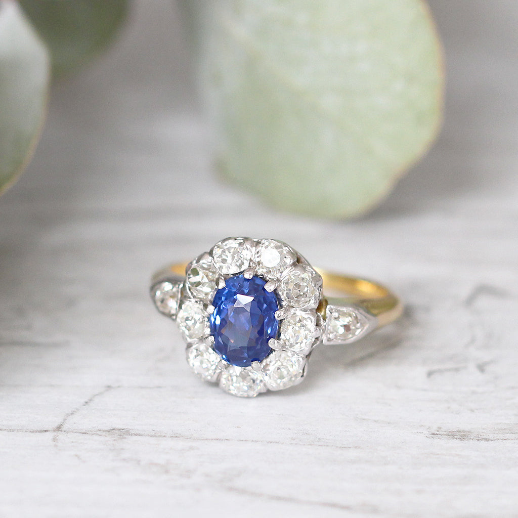 Victorian 1.79 Carat Ceylon Sapphire and Old Cut Diamond Cluster