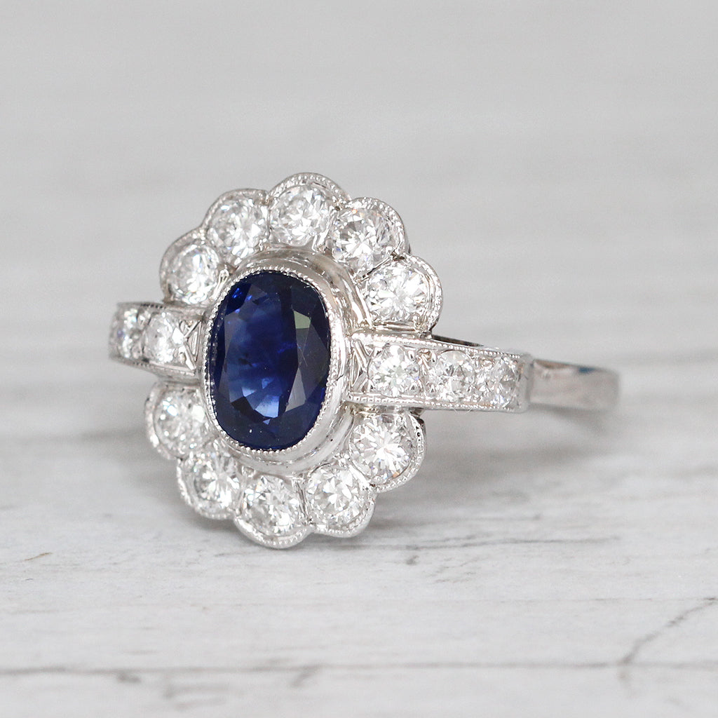 Art Deco 1.35 Carat Sapphire and Diamond French Cluster