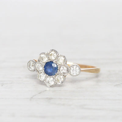 Edwardian Sapphire and Diamond Daisy Cluster Ring