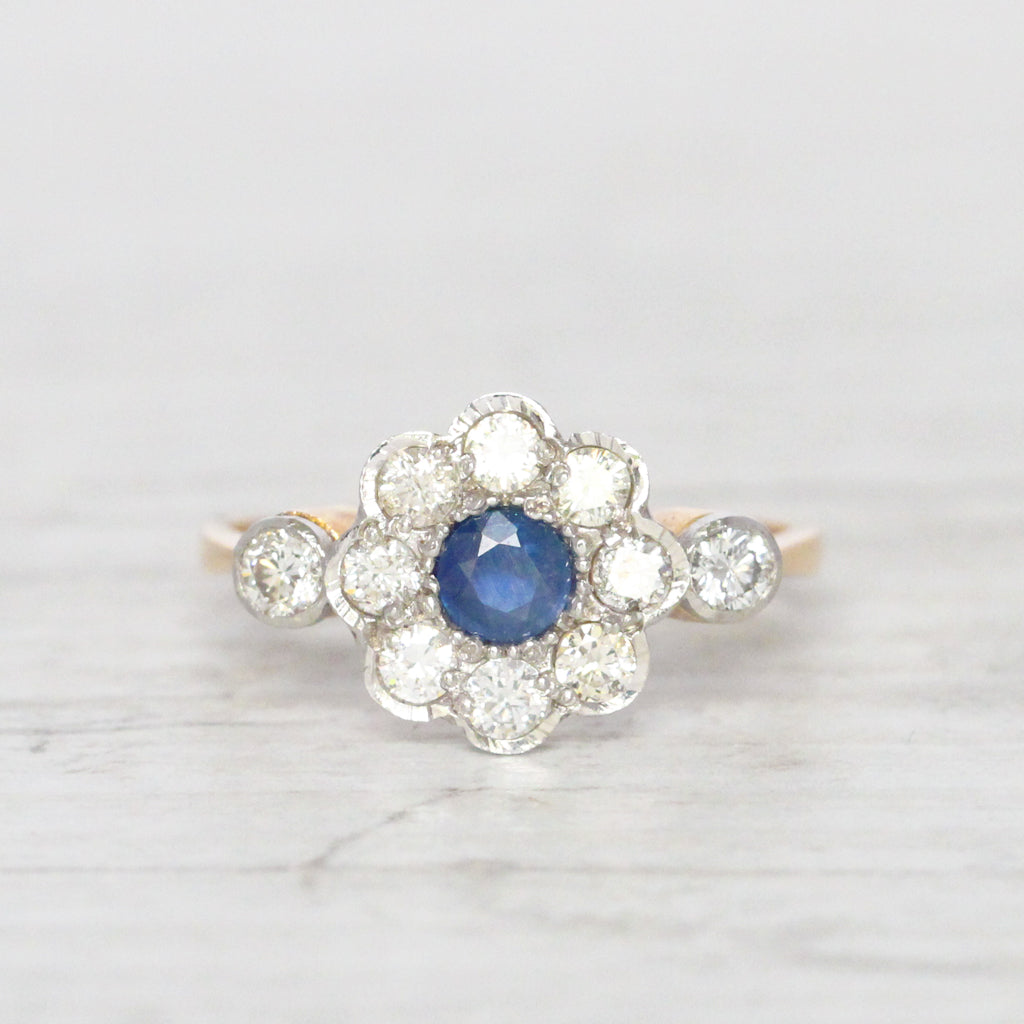 Edwardian Sapphire and Diamond Daisy Cluster Ring