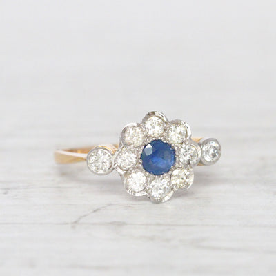 Edwardian Sapphire and Diamond Daisy Cluster Ring