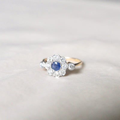 Edwardian Sapphire and Diamond Daisy Cluster Ring