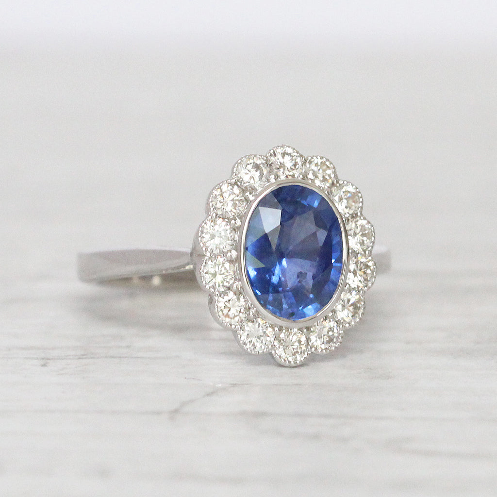 Vintage Style 2.29 Carat Sapphire and Diamond Oval Cluster