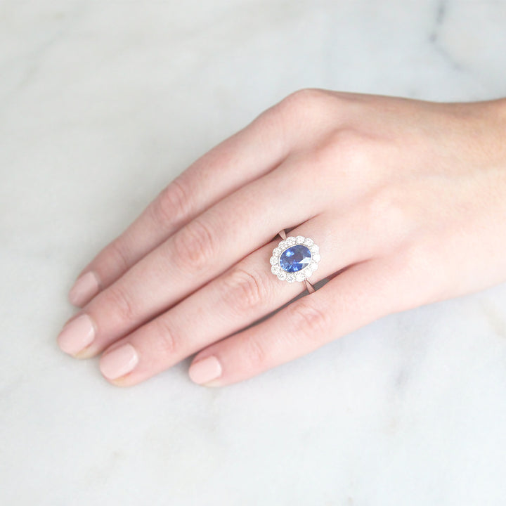 Vintage Style 2.29 Carat Sapphire and Diamond Oval Cluster